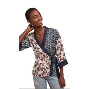 Meadow Rue Anthropologie Patchwork Kimono Wrap Top Boho Floral Navy Red Small
